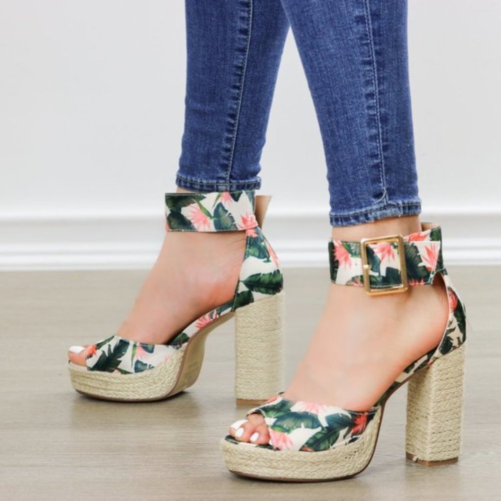 Floral Print Platform Espadrilles, Ankle Buckle - Picture 5 of 10
